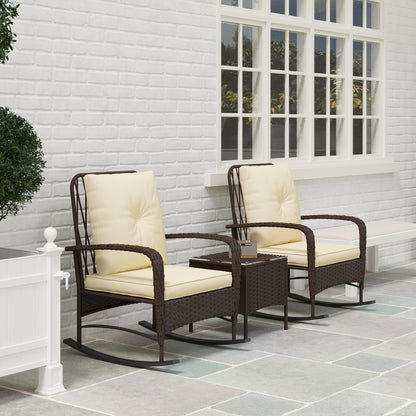 3 Piece Rattan Rocking Chair Bistro Set | 2 High Back Rocking Chairs | Tempered Glass Table | 16cm Back Cushion | 8cm Seat Cushion | 120kg | Brown