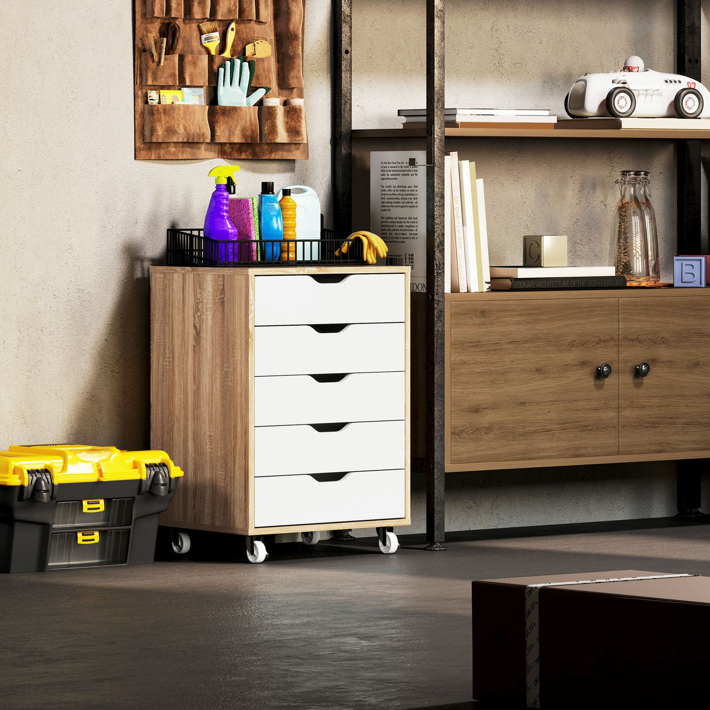 5 Drawer Mobile Filing Cabinet on Wheels | Brakes | 47.5x39.5x67.5cm | Groove Handles | Flat Top | Anti-Tip Strap | 25kg | Oak Brown