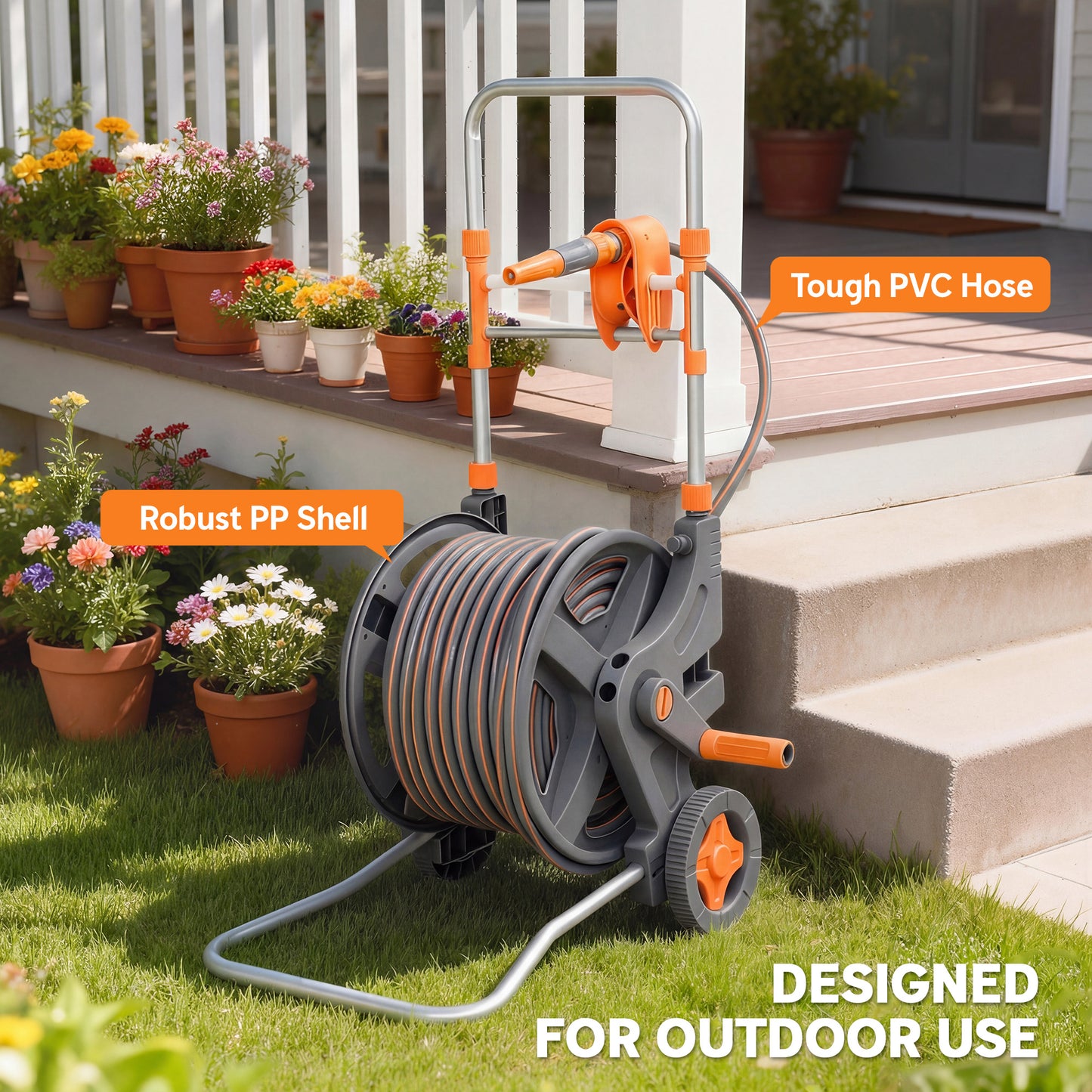 Garden Hose Reel Cart on Wheels | 45+2m | Dual-Mode Nozzle | Manual Crank & Built-In Guide | Weather-Resistant PVC | 8 Bar Working Pressure | Freestanding | 45x44x78cm | Orange