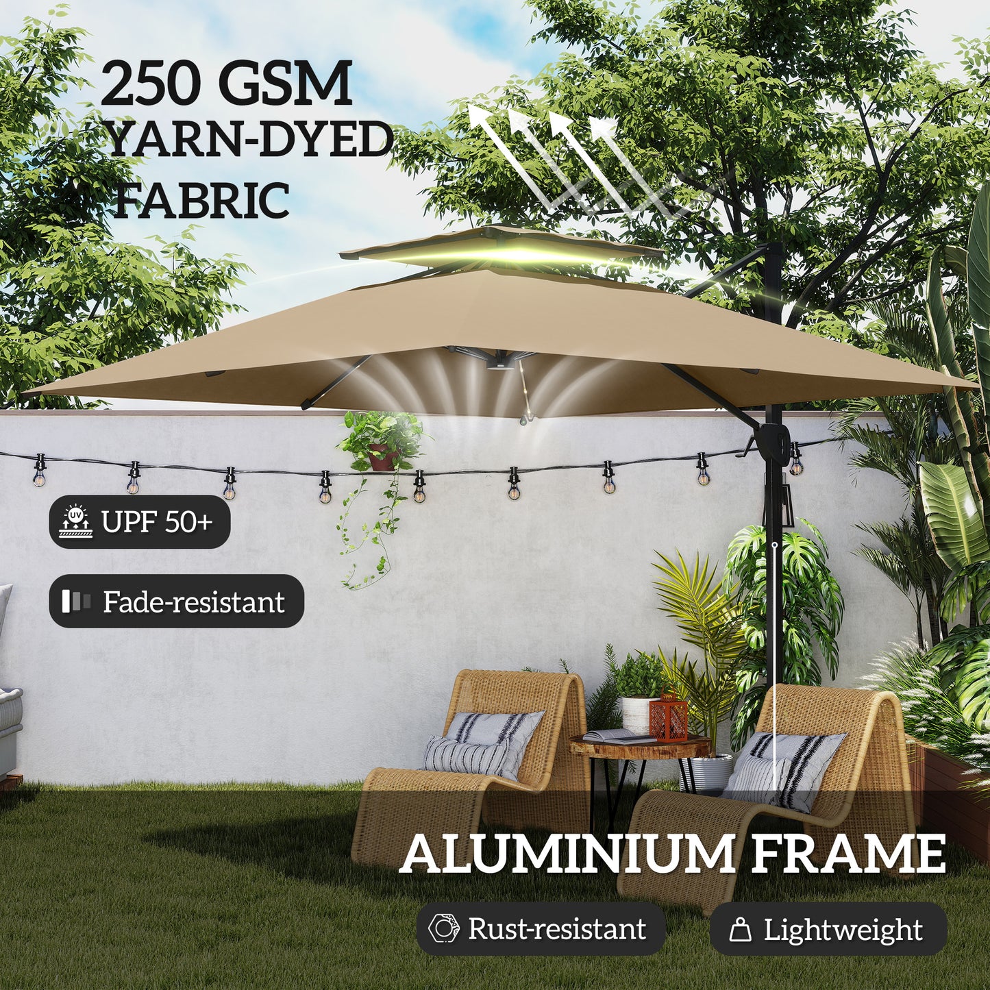 Outsunny 3.5x3 m Garden Cantilever Parasol with Solar LED Lights and Centre Light, Aluminium Large Square Patio Umbrella, UPF50+ Hanging Sun Shade with Cross Base