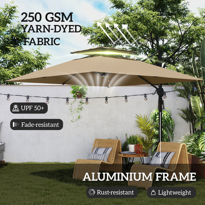 Outsunny 3.5x3 m Garden Cantilever Parasol with Solar LED Lights and Centre Light, Aluminium Large Square Patio Umbrella, UPF50+ Hanging Sun Shade with Cross Base
