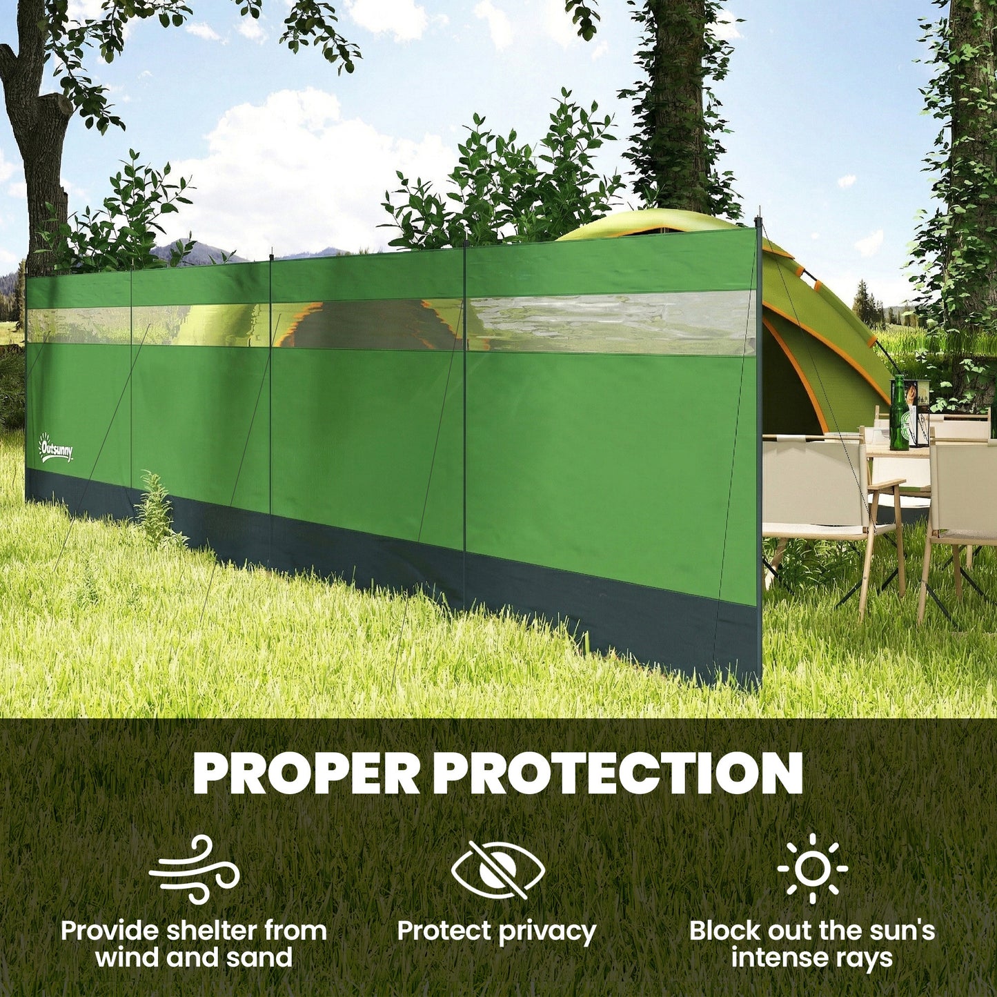 Camping Windbreaker with Clear Windows | 725x140cm | Steel Poles | 15 Stakes & 10 Guy Ropes | Beach & Caravan | Army Green