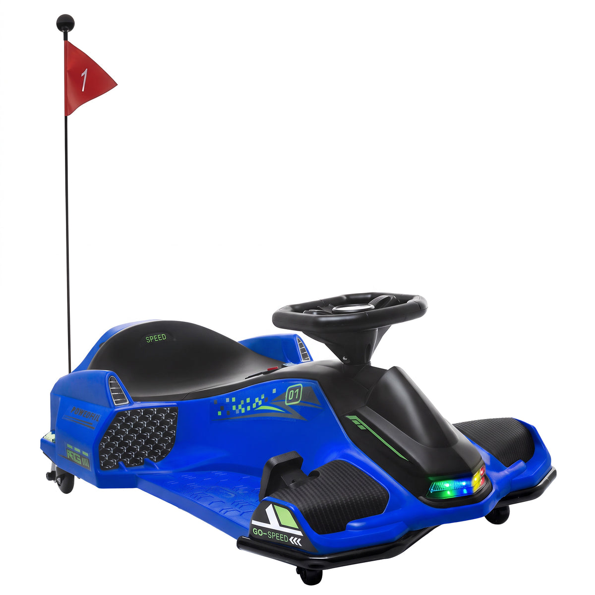 12V Kids Electric Drift Go-Kart | 2 Speeds, 3–8km/h, Soft Start & 7Ah Battery | Colourful LED Lights & Music | Blue | Ages 8–12, Max 50kg