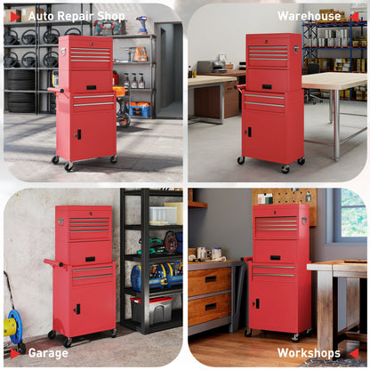 Three-Part Steel Locking Tool Storage Cabinet Chest - Red / Black