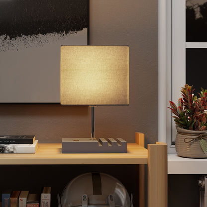 Bedside Table Lamp with USB-A & USB-C Charging Ports | 3 Device Organiser Slots | Solid Wood Base | TC Fabric Shade | Rocker Switch | E27 Max 40W | 1.5m Cable | 25x20x40.5cm | Bulb Not Included | Grey