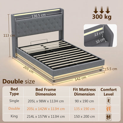 4ft6 Double Bed Frame with Headboard, Platform Bed Frame with Hydraulic Storage, LED Lights and Charging Station, Grey