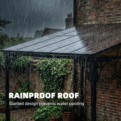 3x2.87m Wall Mounted Hardtop Lean-To Pergola | Polycarbonate Roof | Heavy-Duty Galvanised Frame | Reinforced Columns | Windproof Level 6 | Snow Load 5-10kg | All Hardware Included | Brown