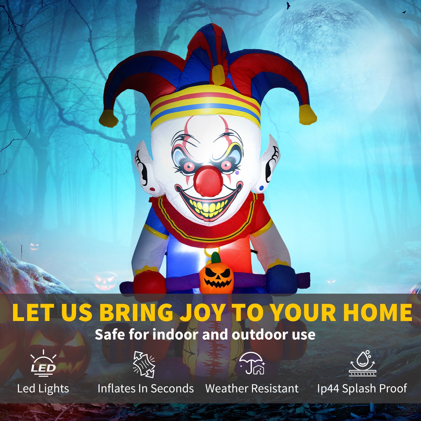 4ft Halloween Inflatable Clown on Bicycle, Blow Up Outdoor Halloween Decoration with 3 Built-in LED Lights for Garden, Party Indoor Outdoor