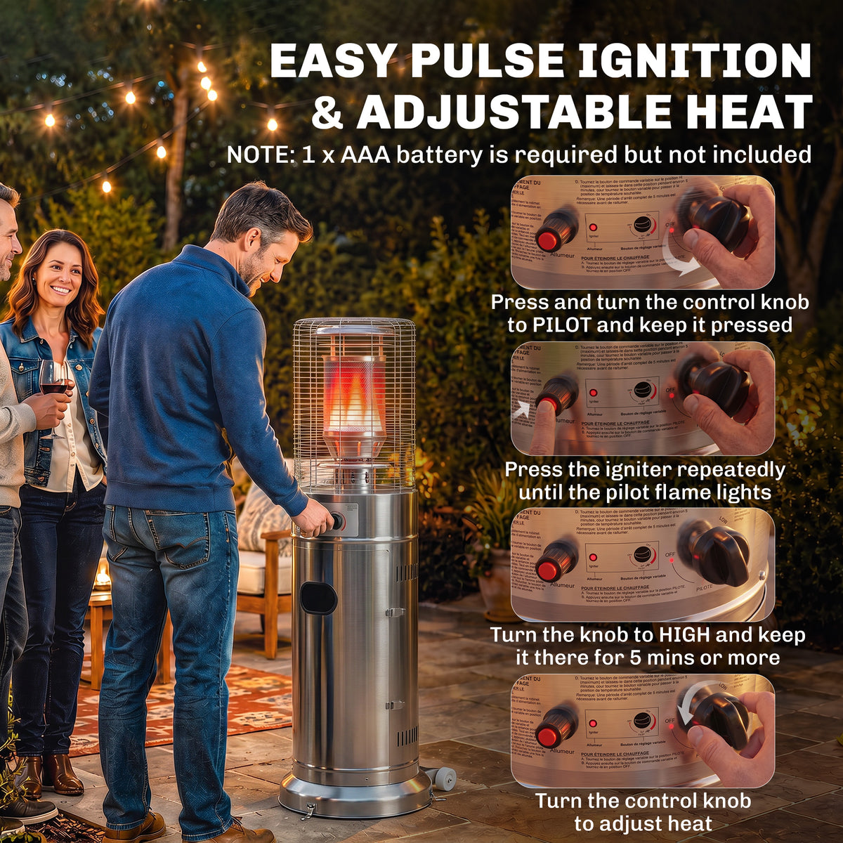 Outsunny Gas Patio Heater | Silver Stainless Steel | 13kW Stepless | 30m² Coverage | Pulse Ignition | Tip-Over Protection | Propane | Metal Mesh Guard | Tank Cabinet | 52x46x136cm