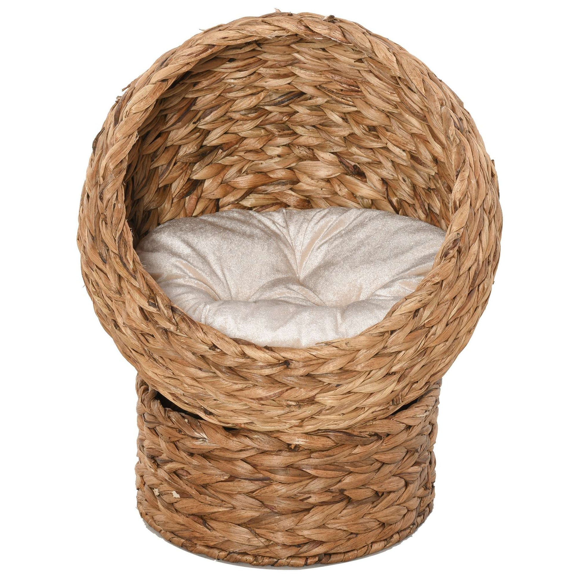 Woven Water Hyacinth Elevated Cat Bed | Wicker Dome Cave | Soft Removable Washable Cushion | Hand-Woven | Metal Wire Frame | Elevated Pod Design | 50x42x60cm | Brown