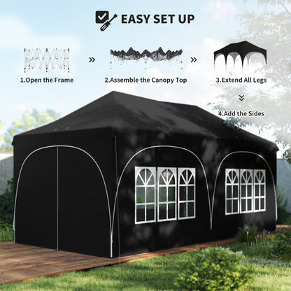 3x6m Peak-Top Pop-Up Party Gazebo | 15-20 People | UPF30+ 210D Oxford Fabric | 6 Sidewalls | 4 Windows & 2 Zipper Doors | 3 Height Settings | 12 Drainage Holes | Stakes, Ropes & Sandbags | Carry Bag | Black