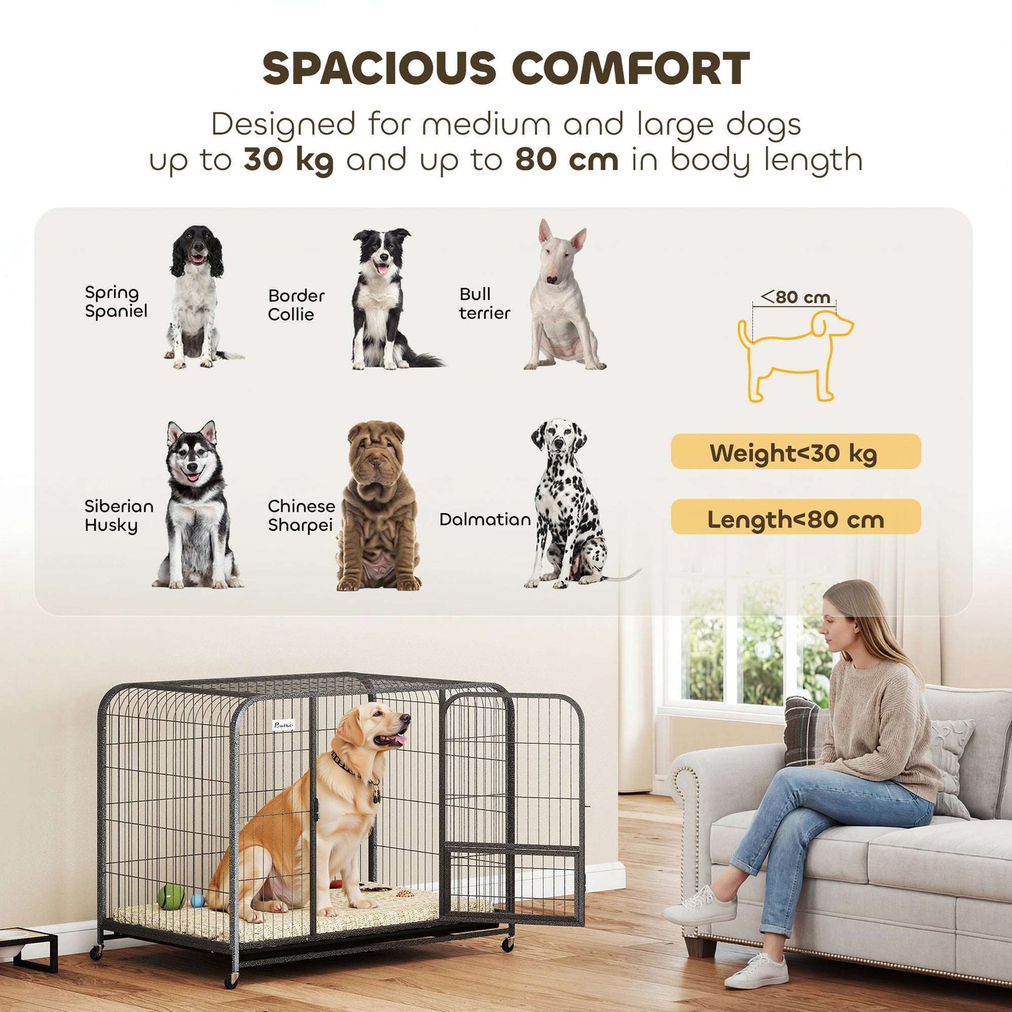 Heavy Duty Dog Crate | 116x77x88cm | 3 Doors | Slide-Out Tray | 4 Wheels | Raised Base | 30kg | Black