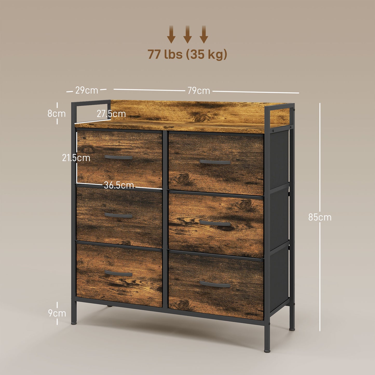 Retro Style Rustic Chest of Six Fabric Storage Drawers - Brown Wood Effect