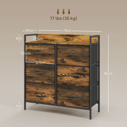 Retro Style Rustic Chest of Six Fabric Storage Drawers - Brown Wood Effect