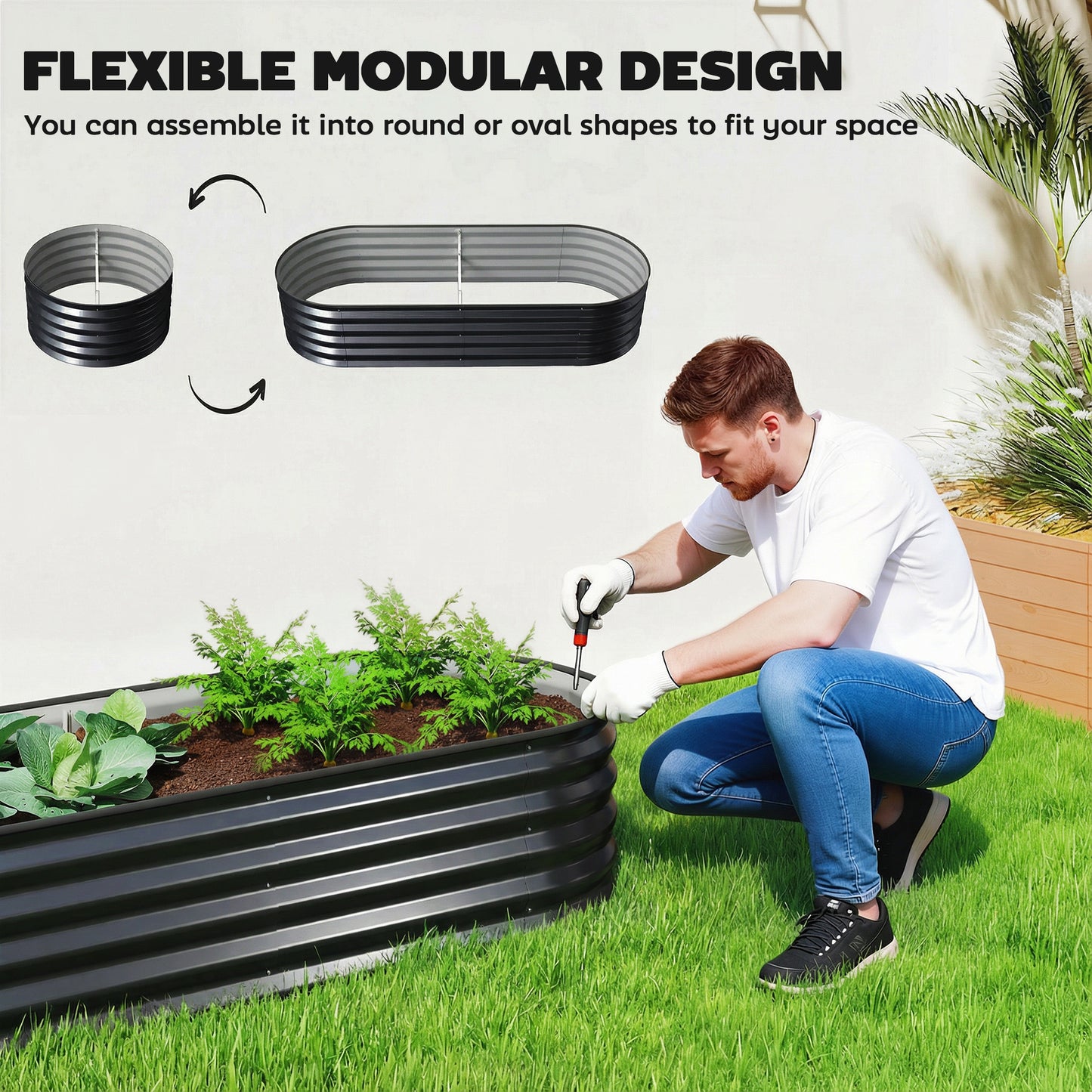 Set of 2 Galvanised Steel Raised Garden Beds | Open Bottom | Rubber Seal Top | 4 Protective Corners | Metal Plant Stakes | Easy Assembly | 150x60x30cm | Dark Grey