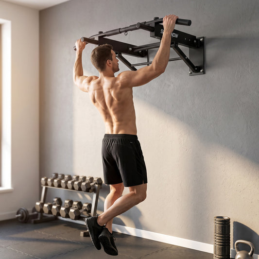 Wall Mounted Pull Up Bar | Foldable Chin Up Bar | 3 Resistance Band Hooks | 120kg Capacity | Home Gym | Black