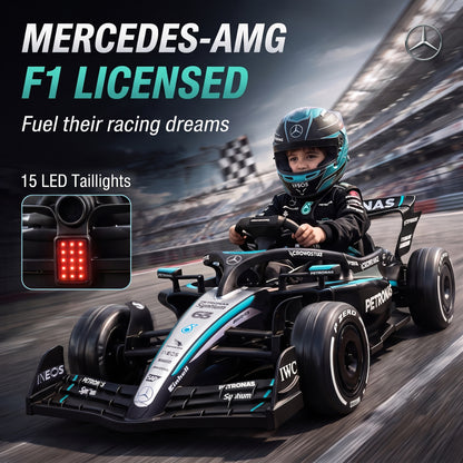 Mercedes-AMG PETRONAS F1 Licensed Kids Electric Go-Kart | Dual 12V Motors | 3 Speeds 3.3-5.5km/h | Parent Remote | Soft Start | Rear Suspension | PVC Silent Strips | Tow Handle | 2-Point Harness | Music & Lights | 123x66x39cm | 30kg | Ages 3-5 | Black