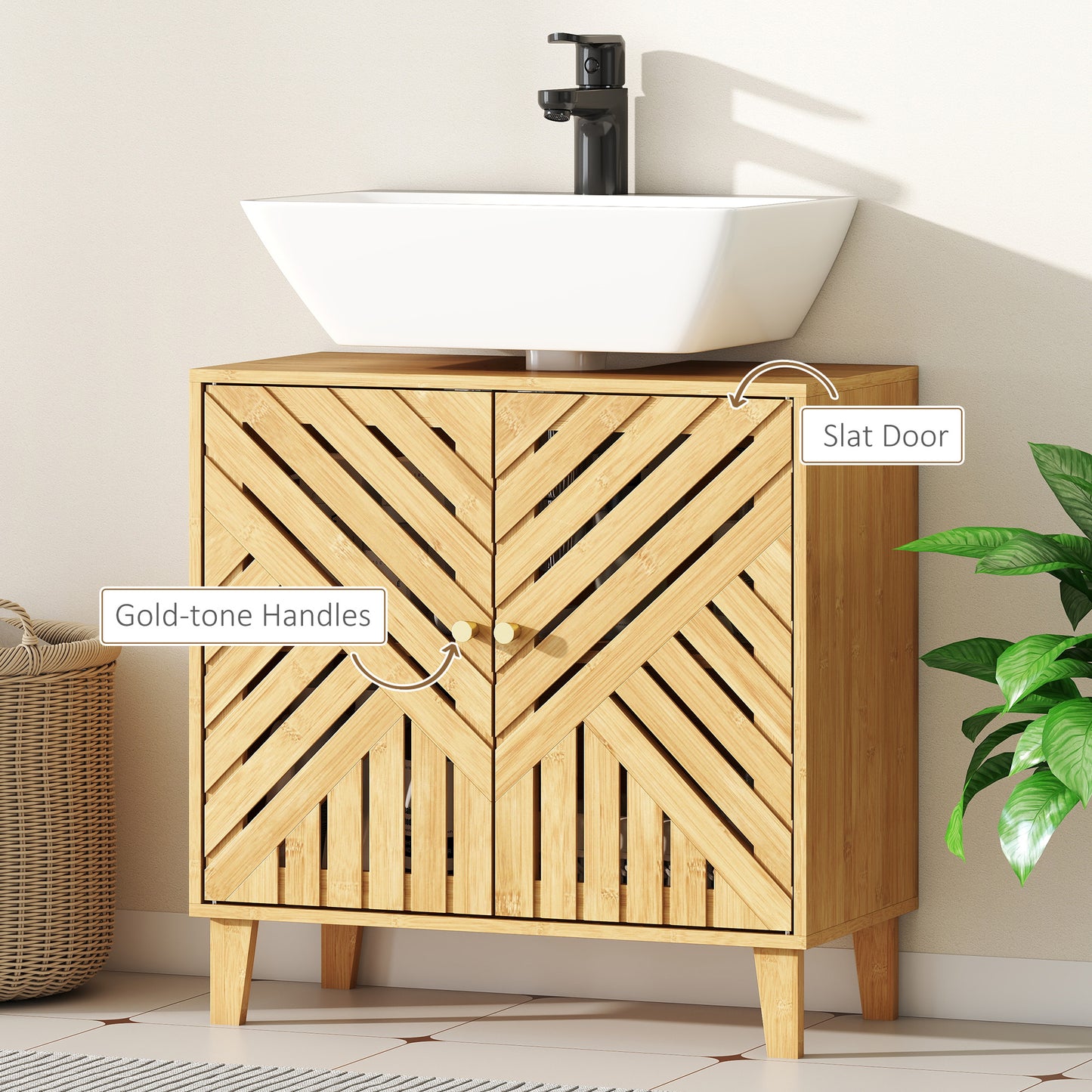Bamboo Bathroom Under Sink Cabinet with Adjustable Shelf for Basin without Pedestal - Natural