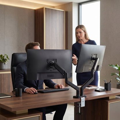 Dual Monitor Arms | 2 Screens up to 32 Inch | Gas Spring Height Adjustment, Tilt & 360° Rotation | 20kg Capacity | Black Steel