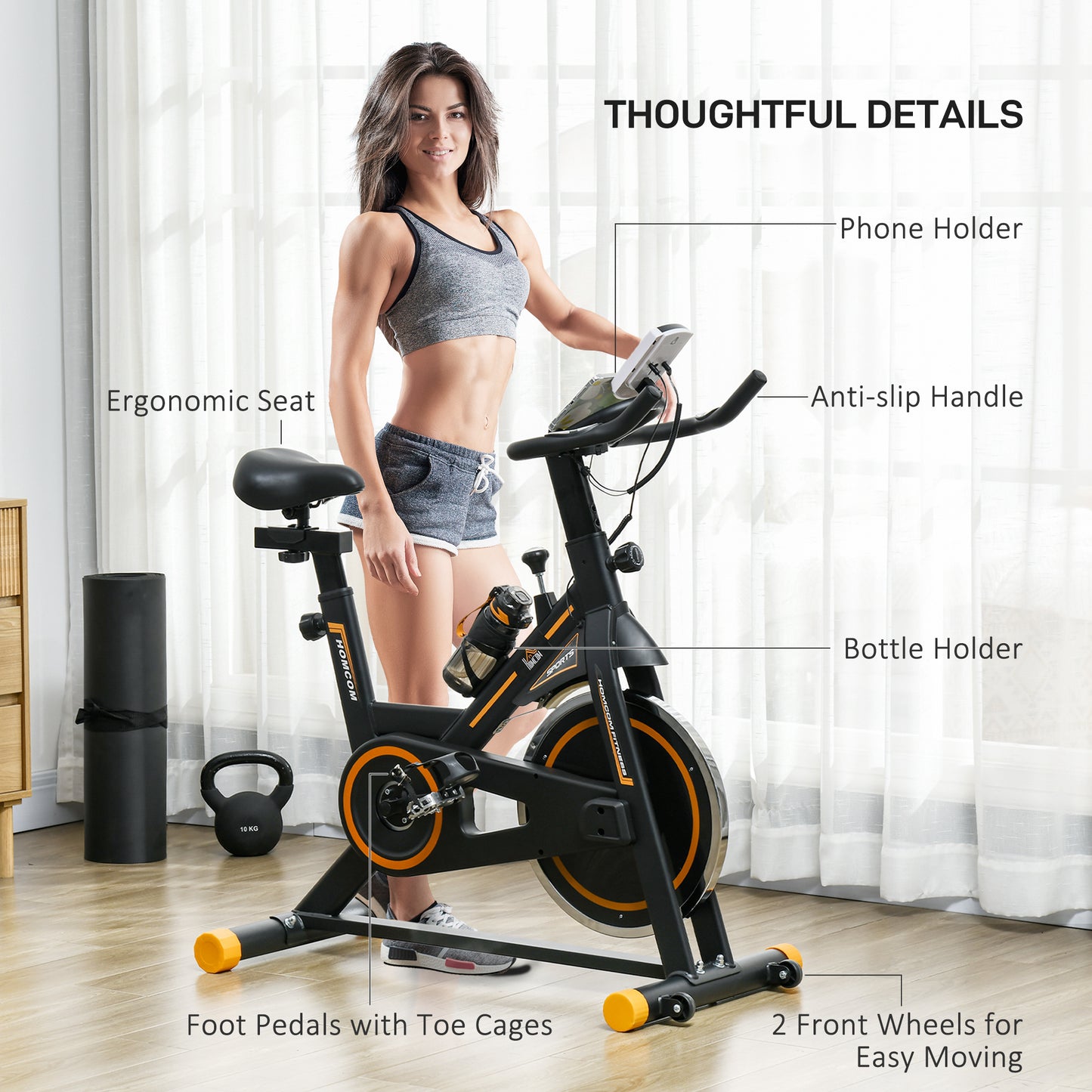 Exercise Bike, Indoor Cycling For Home Use, Stationary W/ LCD Display Heart Rate Sensor, Static Fitness Bike, Gym, Office, Cardio Workout, Orange