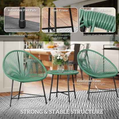 3 Piece Acapulco Style Rattan Bistro Set | 2 Oval Chairs | Tempered Glass Coffee Table | PE Rattan | Powder Coated Steel | 120kg | Green