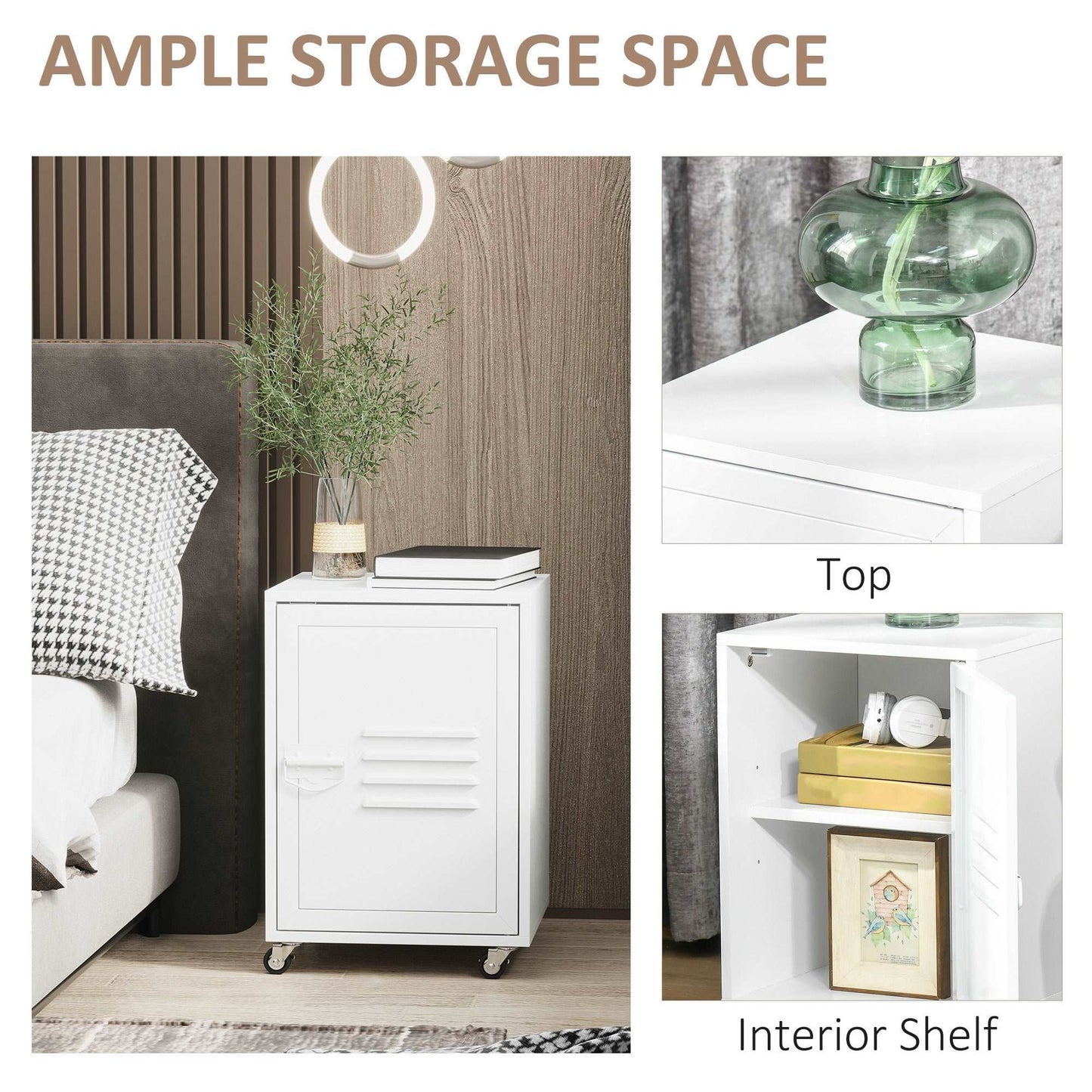 Industrial Bedside Table, Rolling End Side Table, Mobile Storage Cabinet With Adjustable Shelf, Wheels & Metal Door for Bedroom, Living Room