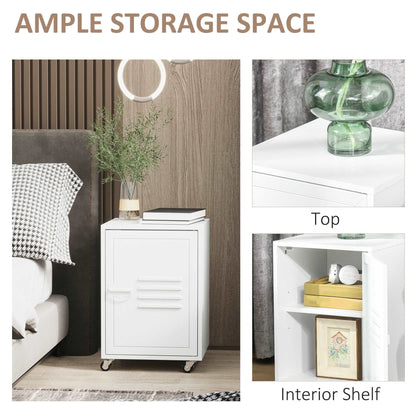 Industrial Bedside Table, Rolling End Side Table, Mobile Storage Cabinet With Adjustable Shelf, Wheels & Metal Door for Bedroom, Living Room