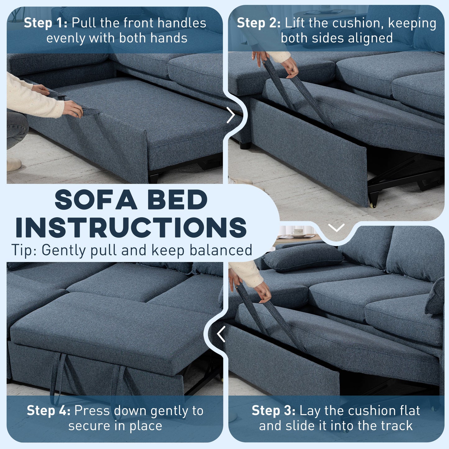 Corner Sofa Bed, L Shaped Sleeper Sectional Sofa with Reversible Storage Chaise, Blue / Grey