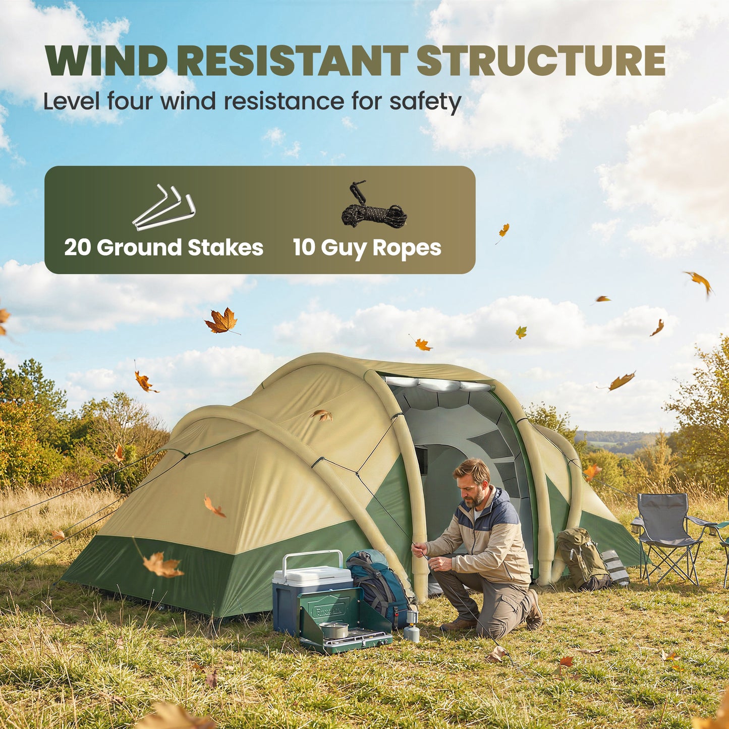 Inflatable Tent | 2 Bedrooms | 4 Person | 5-Min Setup | 3000mm Waterproof | Level 4 Wind | Awning | Carry Bag | Green