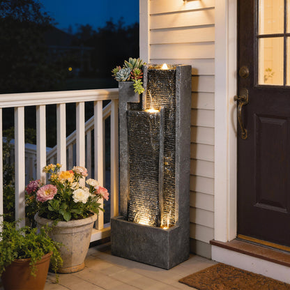 Tall 3-Tier Resin Waterfall Fountain with Top Planter | LED Lights | Water Curtain Effect | 22-25L | 12W | 230V | 3m Cable | 38x19x101cm | Garden Patio & Balcony | Dark Grey