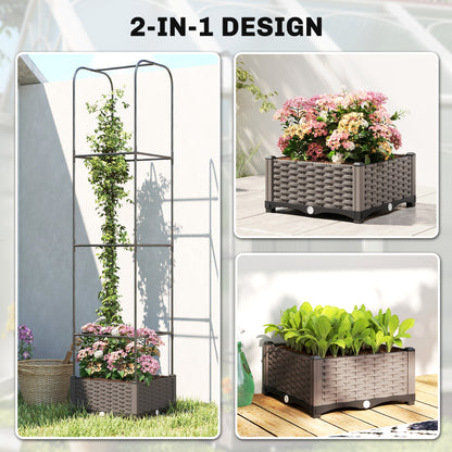 Raised Garden Bed with Trellis | PE-Coated Steel | Drainage Holes & Drain Plugs | Water Reservoir | 35x35x19cm Planting Area | 12kg Capacity | Patio Balcony & Yard | Black