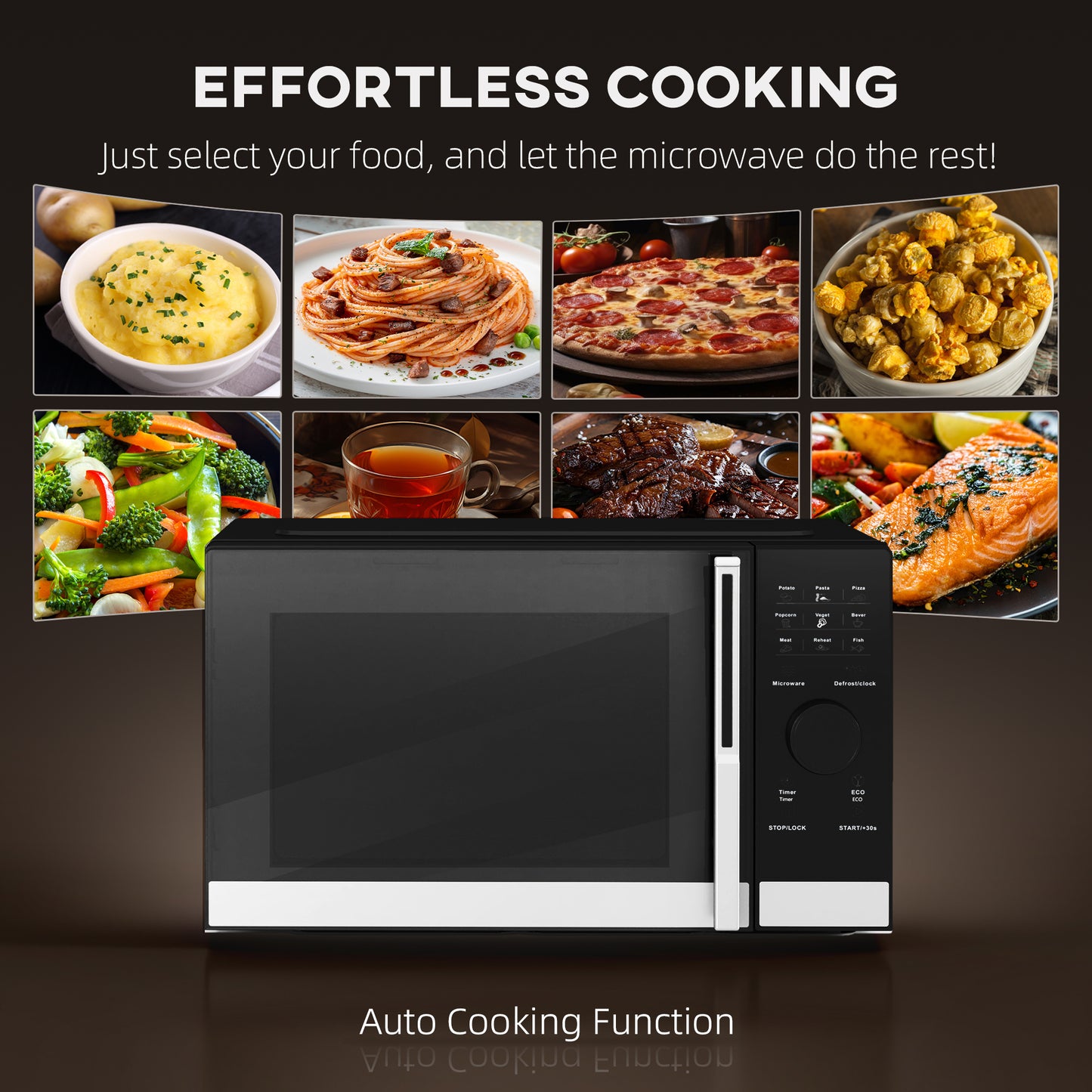 23L 800W Microwave Oven, Digital Solo with 10 Power Levels, Automatic Defrost, 8 Auto Cook Menus, 60 Minutes Timer, Eco Mode - Black