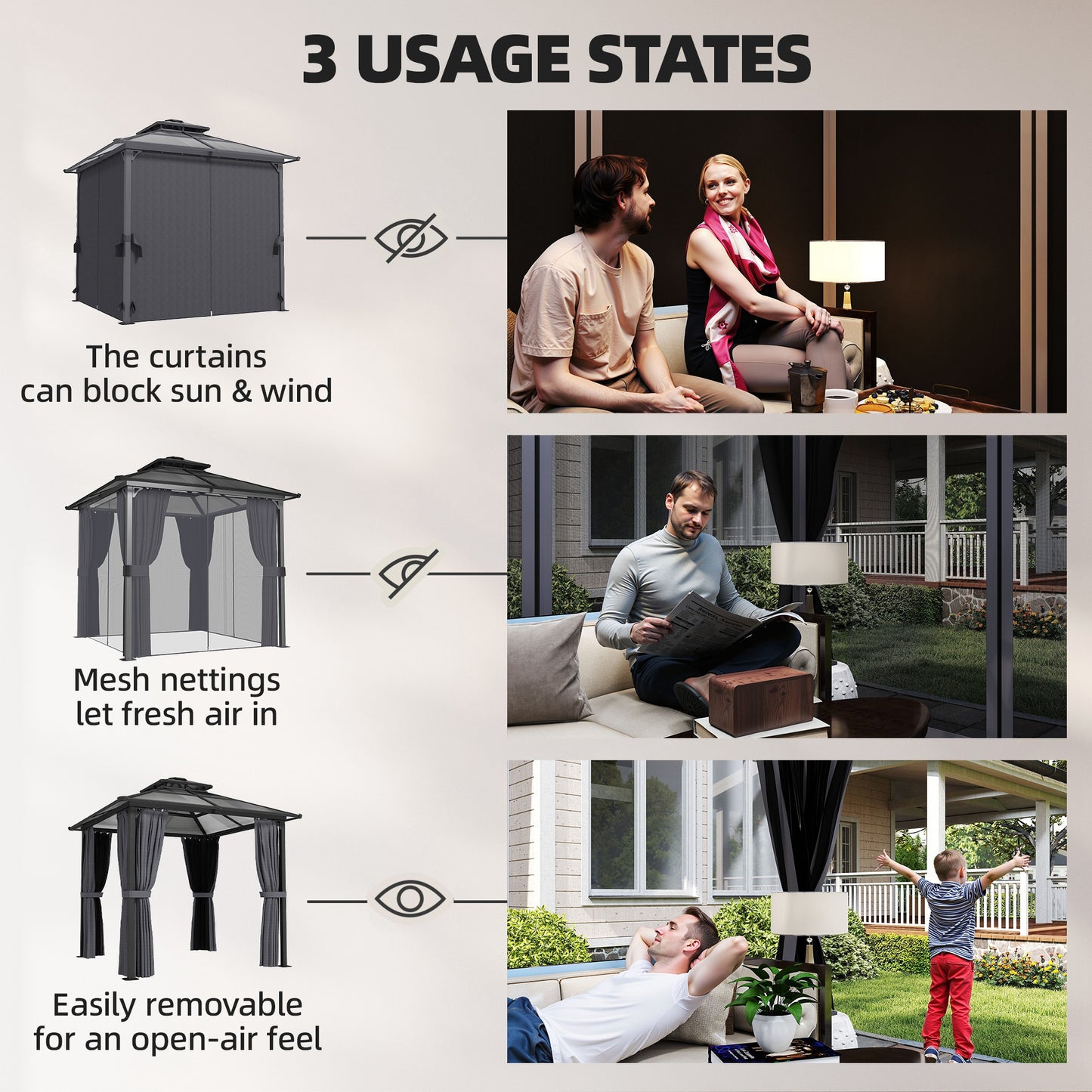 2.5x2.5m Hardtop Gazebo | 6mm Polycarbonate Roof | Drainage Gutters | Curtains & Mesh | Ceiling Hook | Dark Grey