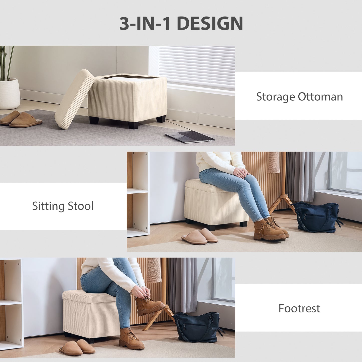 Storage Ottoman Bench, Corduroy Footstool with Removable Lid and Legs, 40cm Storage Chest Box for Living Room, Bedroom, Hallway, Beige