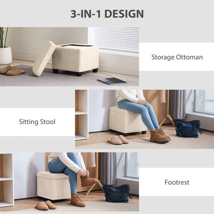 Storage Ottoman Bench, Corduroy Footstool with Removable Lid and Legs, 40cm Storage Chest Box for Living Room, Bedroom, Hallway, Beige