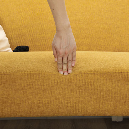 Vintage Retro Style Velvet Feel Fabric 2 Seater Sofa, Small Sofa Loveseat with 21cm Thick Padding and Wood Legs, Yellow
