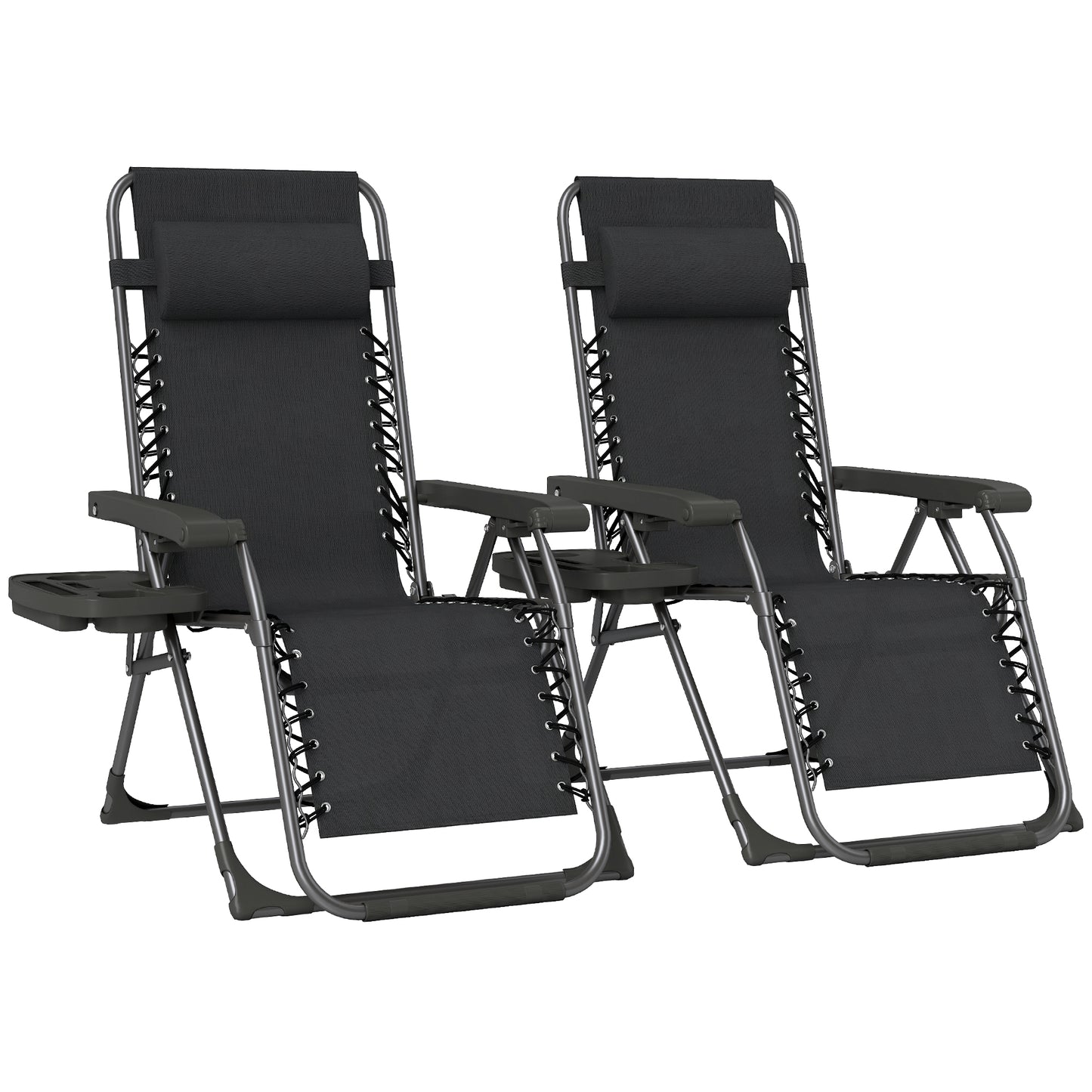 Set of 2 Zero Gravity Folding Sun Loungers | Stepless Recline | Headrest & Side Tray | 120kg | Black