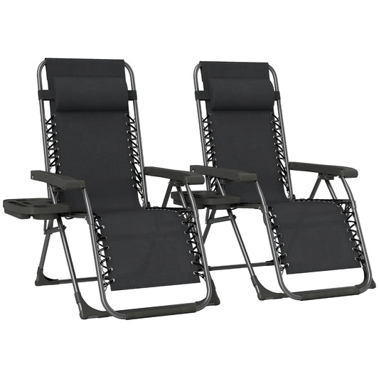 Set of 2 Zero Gravity Folding Sun Loungers | Stepless Recline | Headrest & Side Tray | 120kg | Black
