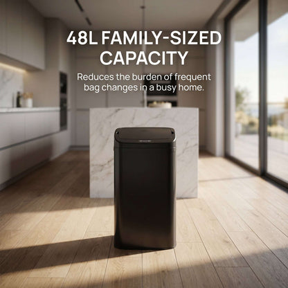 48L Infrared Sensor Bin | Opens in 0.5s | Quiet Close in 5s | Fingerprint-Resistant Galvanised Steel | No Inner Bucket | 4xAA Batteries | No Assembly | 33x25x69cm | Black