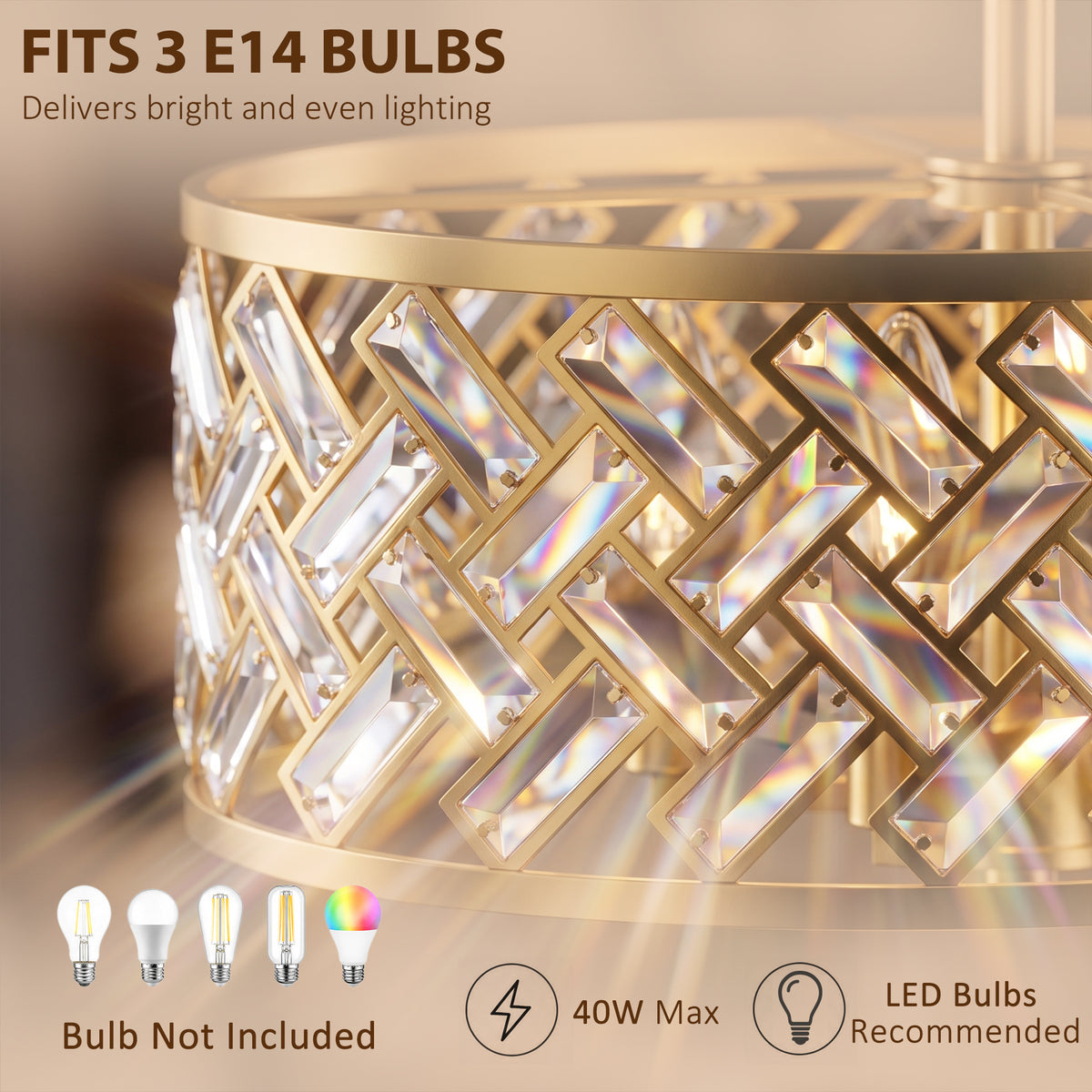 3-Light Crystal Drum Ceiling Light | 76 Crystal Prisms | 3x E14 Sockets | Electroplated Gold-Tone Frame | 39Dx34H cm | Max 40W per Bulb | LED Compatible | Ceiling >2.3m | Bulbs Not Included | Gold Tone