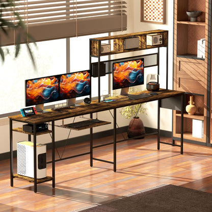160cm Reversible L Shaped Desk with Power Outlet, Industrial Corner Desk with Storage Shelves and Keyboard Tray, 240cm Long For 2 Person