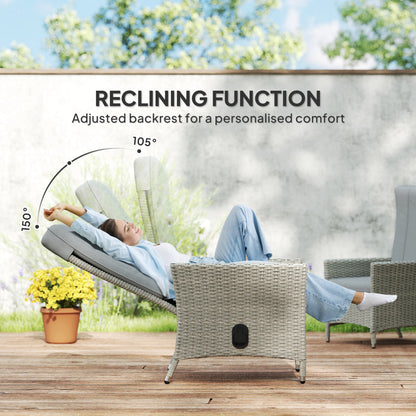 Rattan Garden Recliner Chair, Wicker Reclining Armchair with Adjustable Backrest and Cushion, Outdoor Lounge Sun Lounger with Armrests