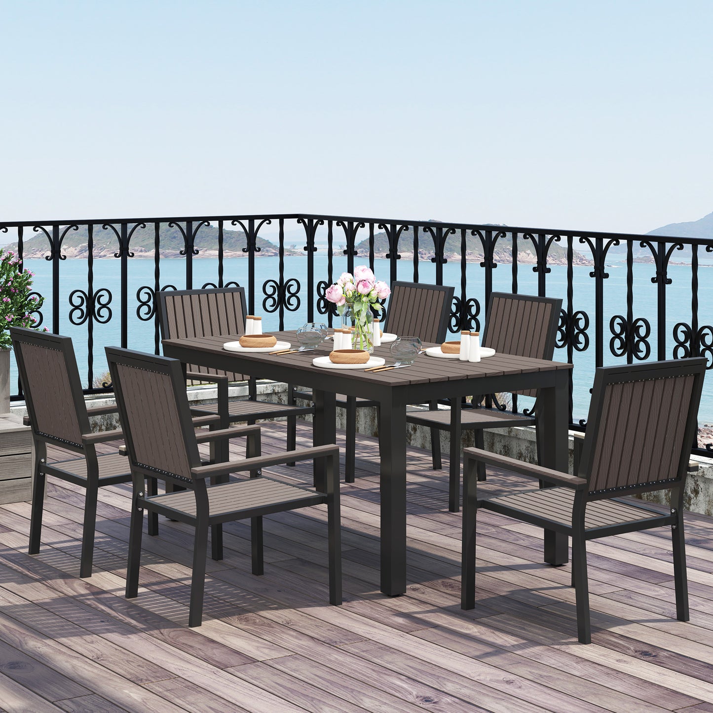 6 Seater Garden Dining Set with Stackable Chairs, Aluminium Frame, Rectangular Plastic Top, Garden Furniture Set, Outdoor Dining Table and Chairs