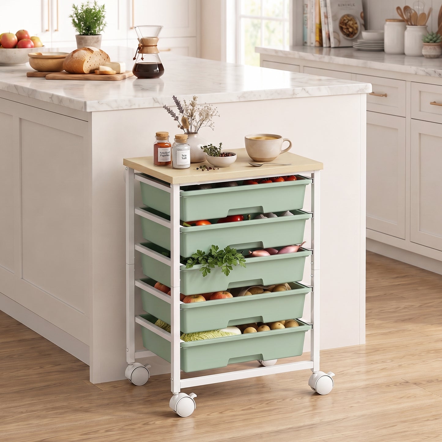 6-Tier Storage Trolley on Wheels | 5 Pull-Out Drawers | Rolling Kitchen Cart | Green