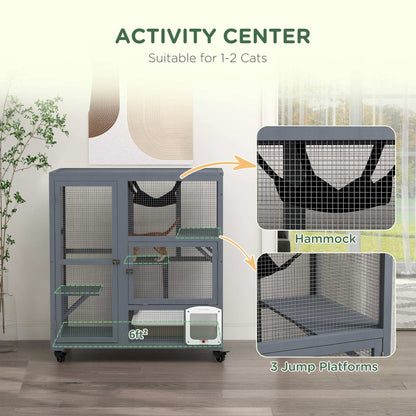 PawHut Cat Cage House, Catio Cat Outdoor Enclosure on Wheels, Weather-Resistant Wooden Kitty Cage W/ Platforms, 100L x 60W x 110Hcm - Light Grey