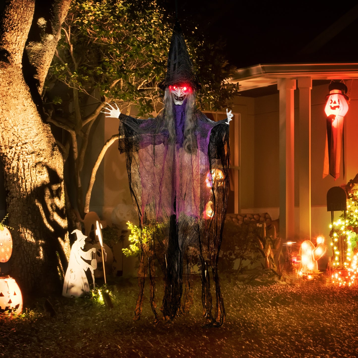 183 cm Life Size Halloween Animated Hanging Witch with Glowing LED Eyes, Spooky Witch Scary Halloween Decorations, Battery Operated, Indoor Party Props