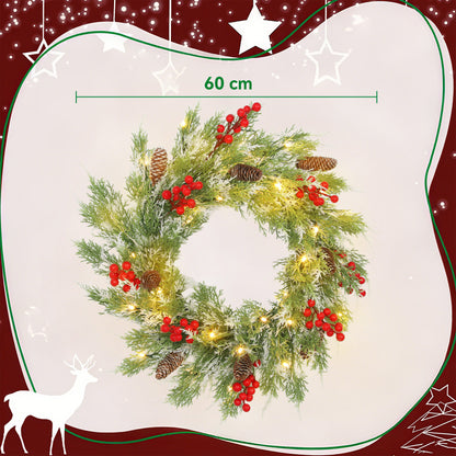 60 cm Prelit Christmas Wreath, Door Wreath with Realistic Branches, 30 Warm White LEDs, Timer, Battery Operated