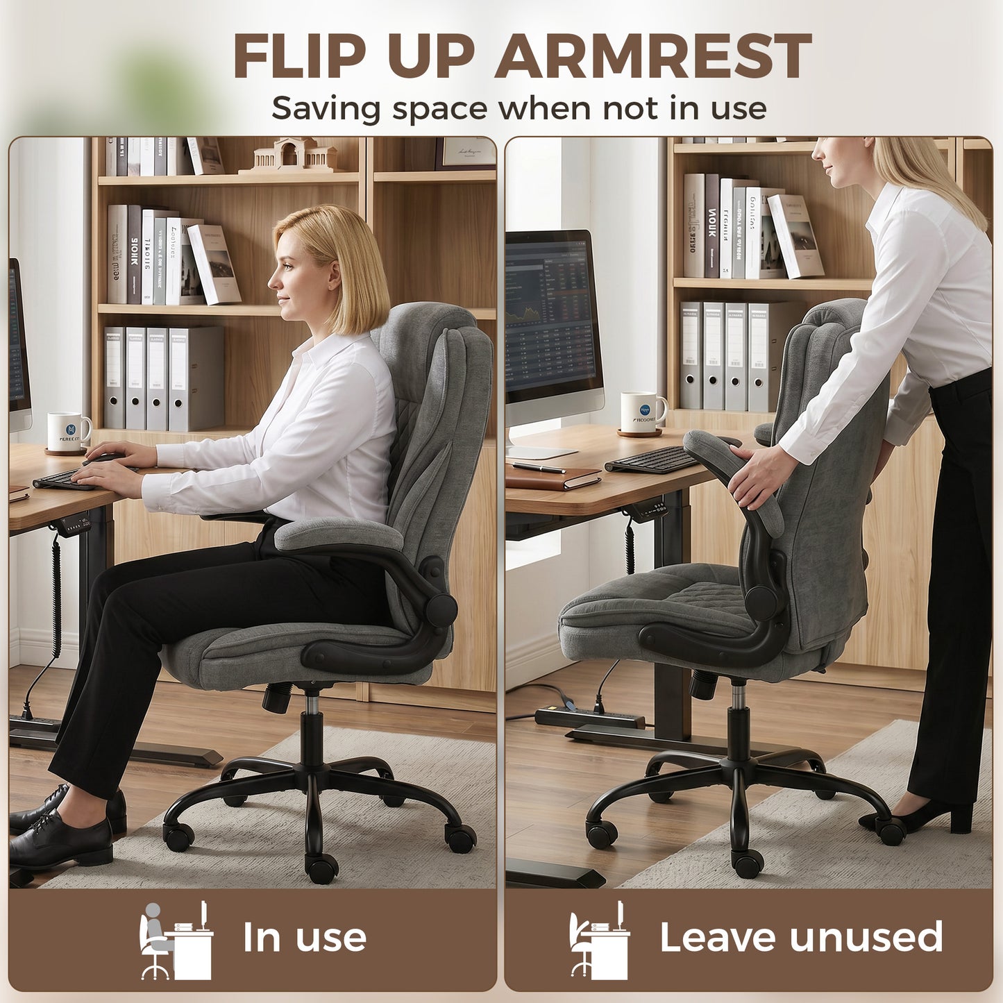 Ergonomic Office Chair | Flip-Up Armrests | Pocket Springs | Class 3 Gas Lift | Linen-Look Fabric | Diamond Pattern | Dark Grey / Beige