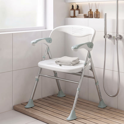Foldable Shower Chair | Adjustable Height Bathroom Seat with Flip-Up Armrests, 136 kg Capacity | White & Light Green