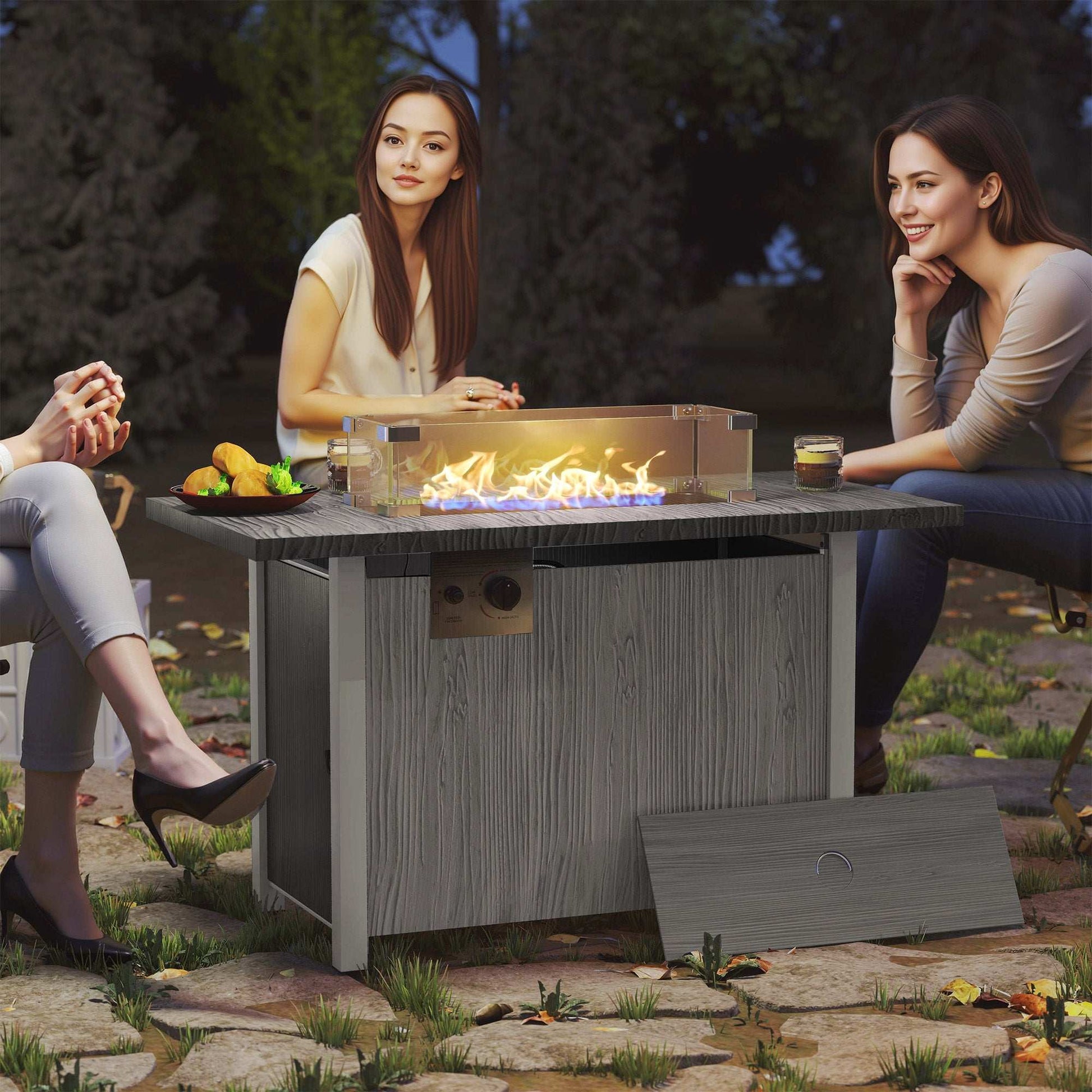 Outsunny 50,000 BTU Gas Fire Pit Table with Cover and Glass Screen - Dark Grey